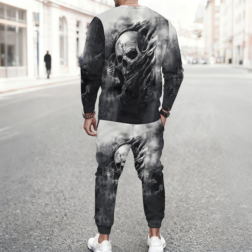 Men Black Background Purple Rose Skull Blue Butterfly Print Long Sleeve Sweatshirt Jogger Pants Two Piece Suit