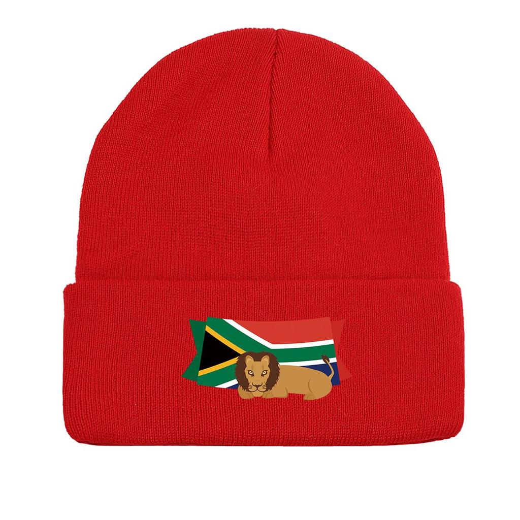 South Africa Flag Lion Warm Knit Cap Beanie, Patriotic Woman Cap Warm Thermal Solid Bonnet Knit Hat Beanie