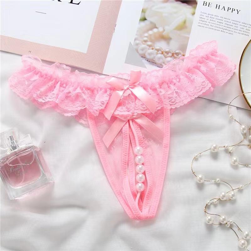 Plus Size Sex Pearl G-string Crotchless Erotic Lingerie Sexy Panties Porn Lace Women Underwear See Through Open Crotch Thongs