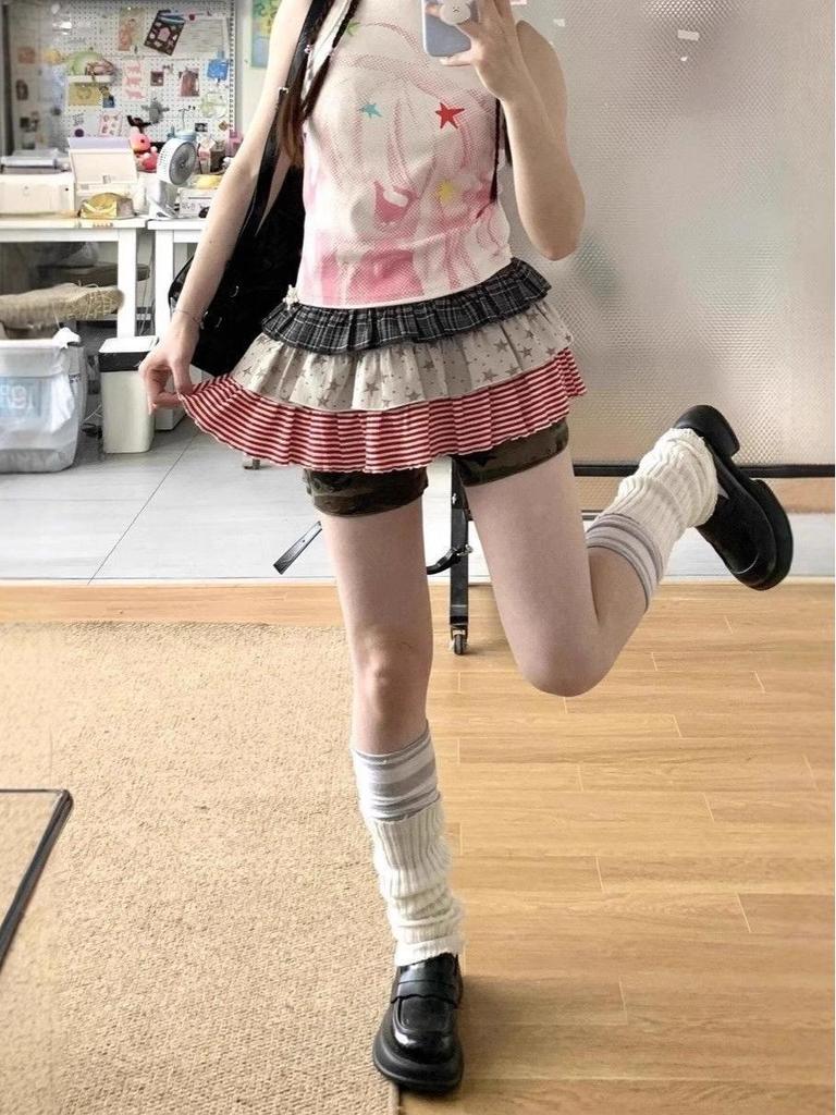 Y2K Patchwork Mini Skirt - Stripes, Plaid & Stars Print A-line Skirt