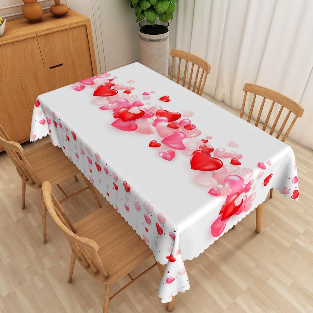 Valentines Day Tablecloth Waterproof Pink Red Heart Pattern Romantic Dinner Date Washable Kitchen Table Cover Wedding Decoration