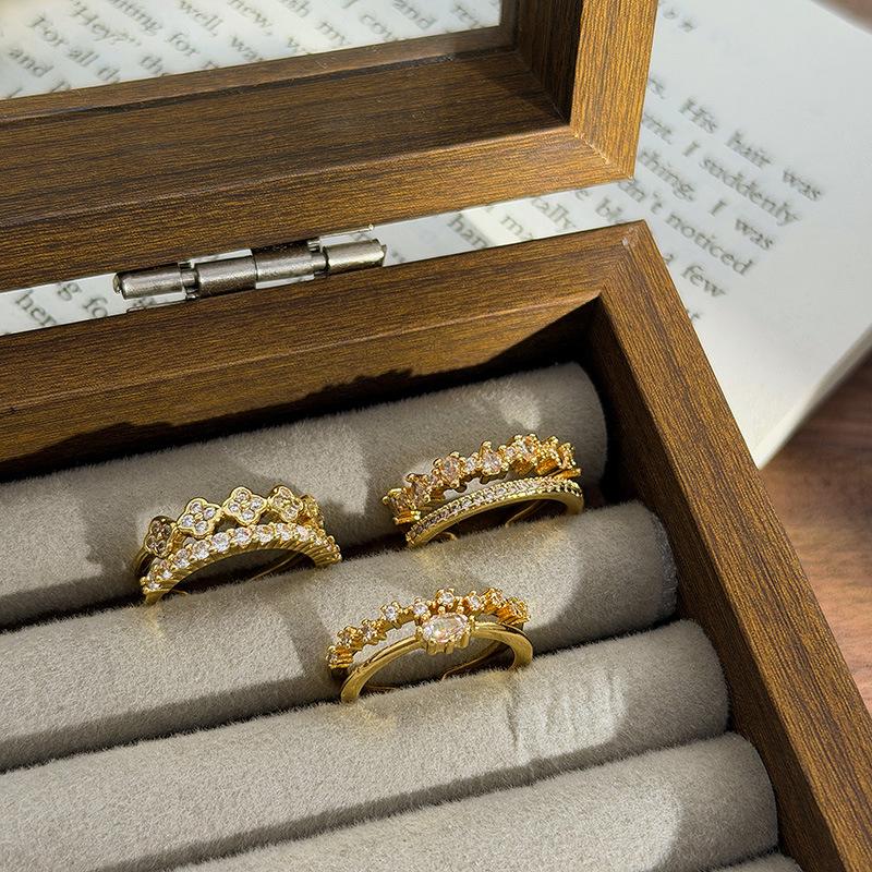 Light Luxury Sweet Sister Four-Leaf Clover Full Of Diamonds, Row Of Diamonds, Zircon Double-Layer Open Ring, Niche High-End Sense Stacking