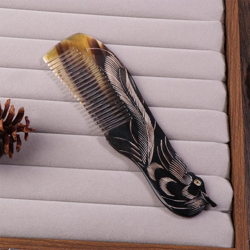 Natural Ox Horn Comb Anti Static Buffalo Combs Mandarin Duck Phoenix Carving Professional Detangling Massage Fine Tooth Comb