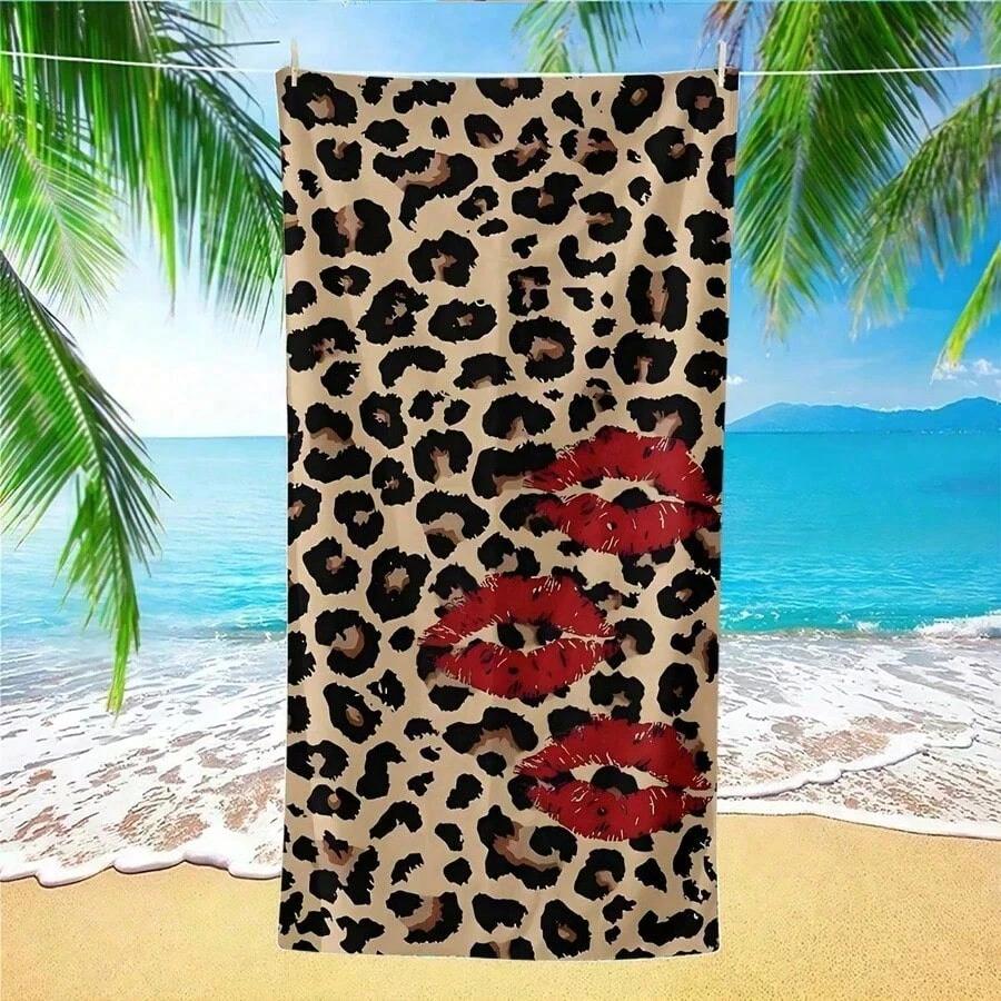 1PC Oversized Leopard Print Red Lips Beach Towel, Sand-Free Quick-Dry Soft Absorbent, Portable for Beach, Pool, Travel, Yoga