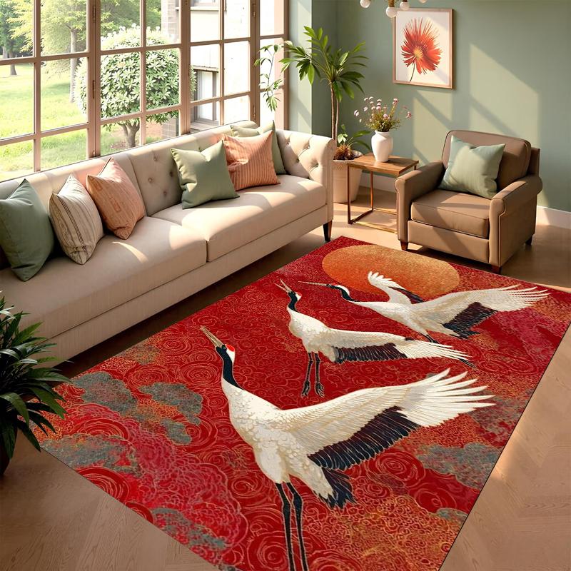 

Red Crane Swirl Area Rug Traditional Japanese Ukiyo-e Inspired Pattern Stain Resistant Carpet for Living Room Bedroom Entryway 40x60cm