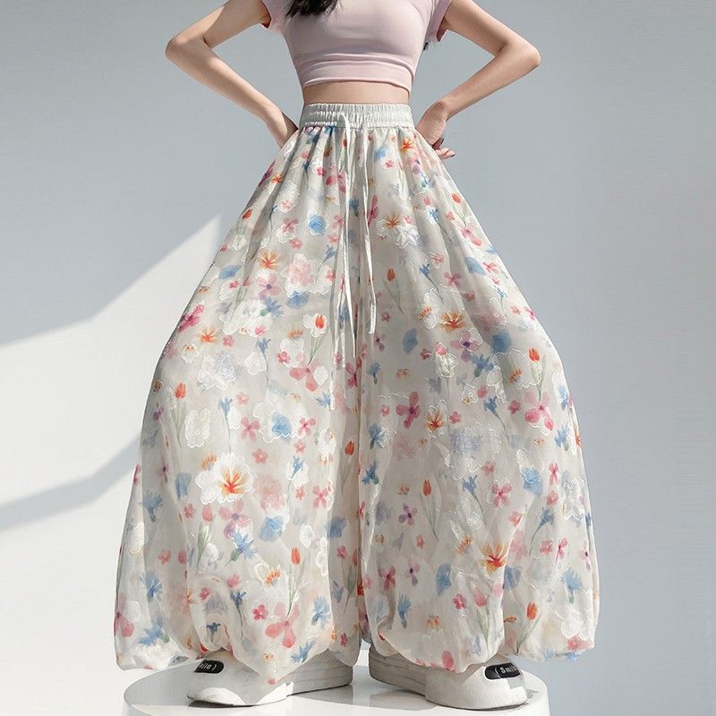 Colorful Floral Puff Wide-Leg Pants for Women | Summer Thin High-Waist Straight Lantern Pant Skirt Petite-Friendly Flowy Chiffon Pants