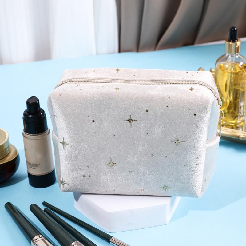 Cosmetic Pouch Spacious Velvet Cosmetic Bag Travel Toiletry Organizer With Star Pattern Portable Makeup Case For Lipstick