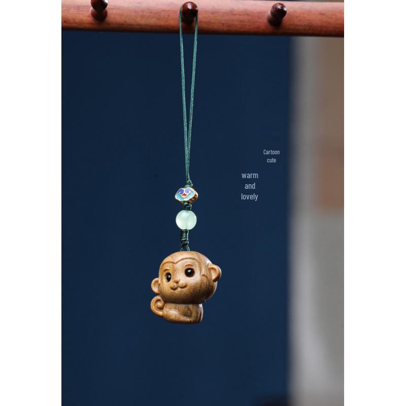 Rosewood Monkey Carving Phone Charm - Zodiac Monkey Wallet Accessory Gift