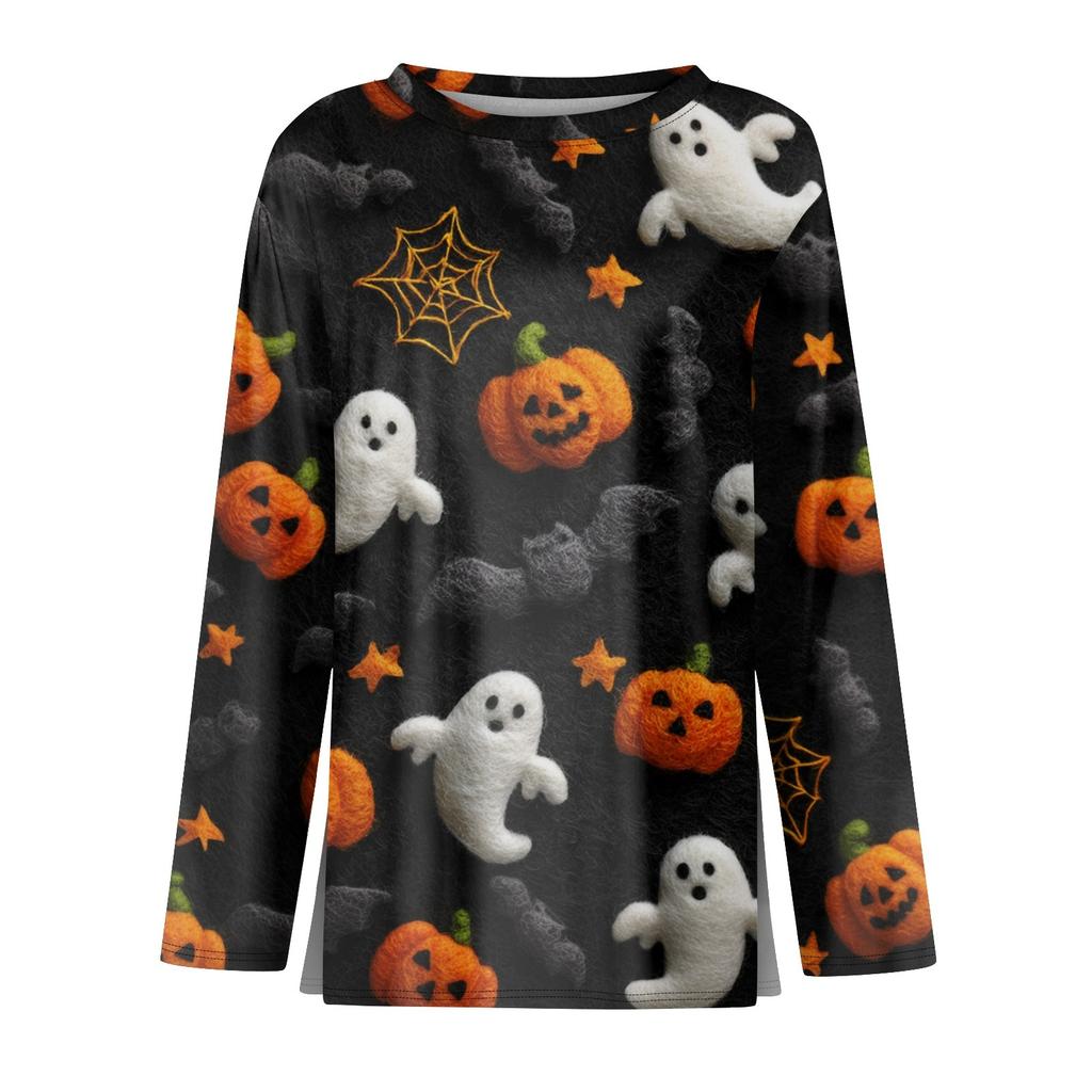Mote Casual Langermet Trykk Rund Hals Pullover Topp Bluse for Kvinner