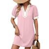 Dames Korte Mouw V-hals Mini Jurk met Versiering Losse Pasvorm Casual Tuniek Zachte Stof Pofmouw Ontwerp
