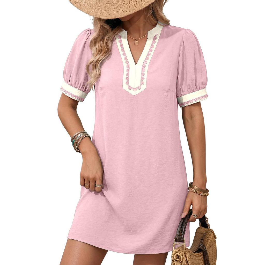 Dames Korte Mouw V-hals Mini Jurk met Versiering Losse Pasvorm Casual Tuniek Zachte Stof Pofmouw Ontwerp