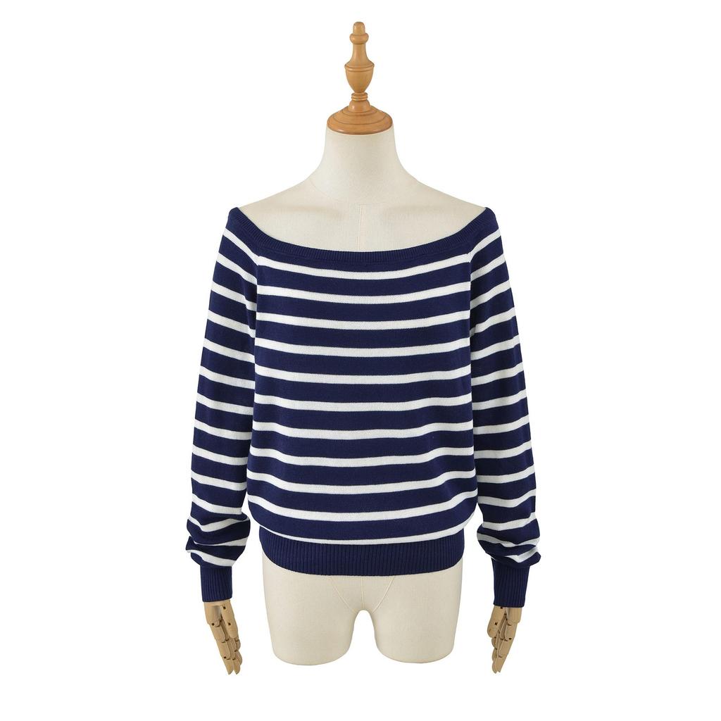 Dark Blue Striped One-Shoulder Boat Neck Knit Sweater