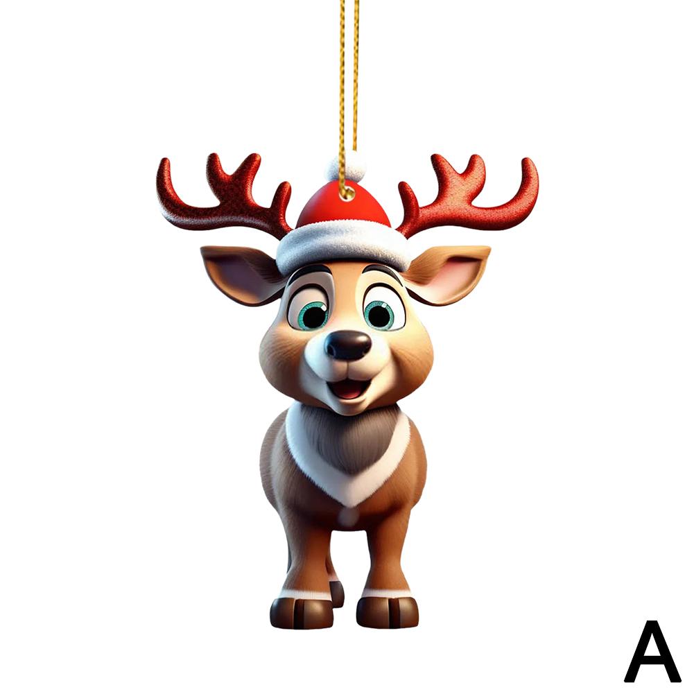 2D Acrylic Cartoon Fawn Christmas Tree Pendant Christmas Decorations Fawn Cartoon Print Cute Christmas Hat Easter T5D8