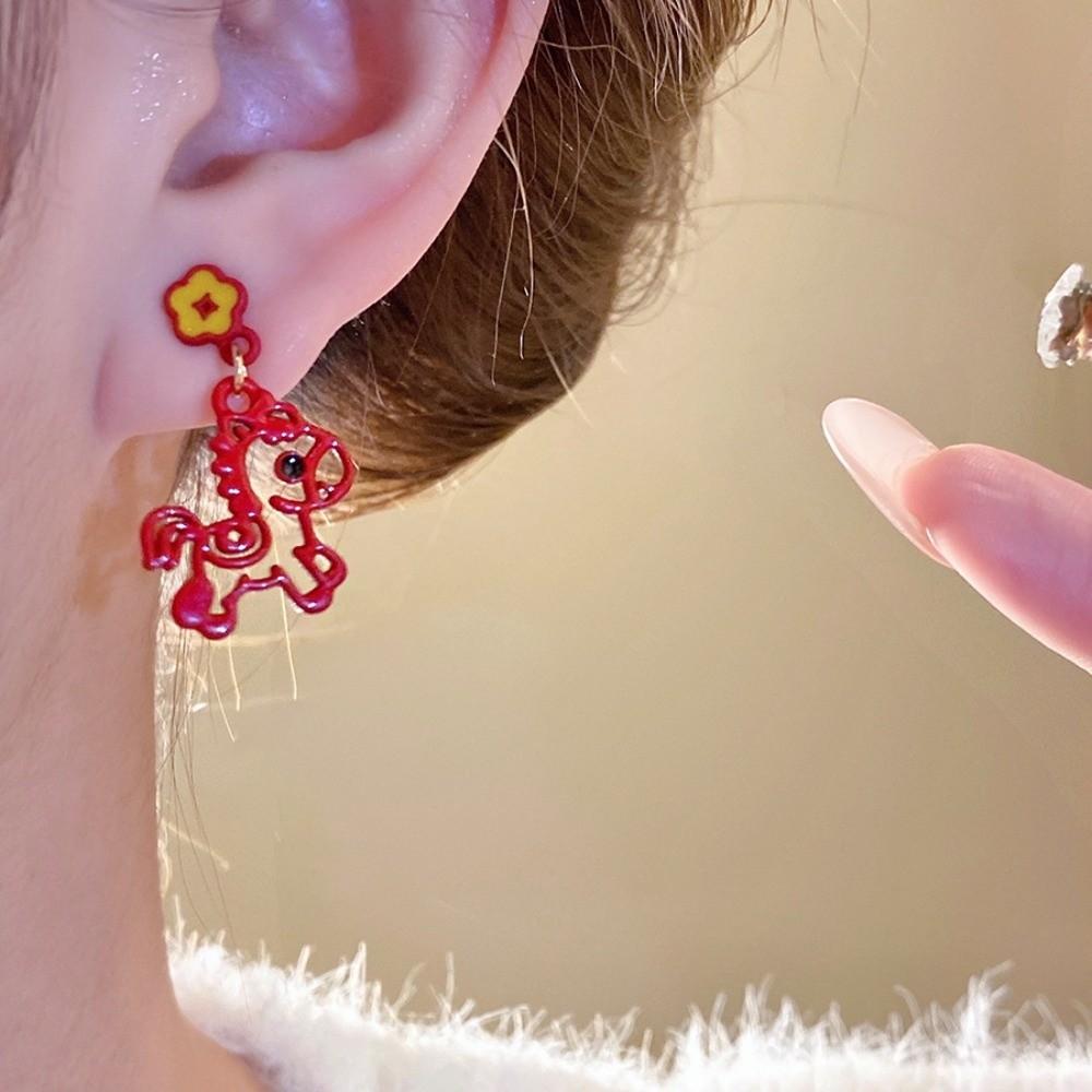 Chinese Style Red Pony Earrings Cartoon Horse Horse Mascot Drop Earrings  Party