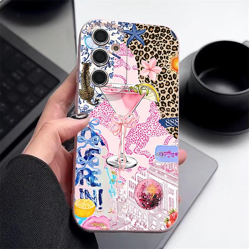 Pink Goblet Bowknots Disco Ball Pattern Case For Samsung Galaxy A57 A56 A55 A54 5G A37 A36 A35 A34 A17 A16 A15 A14 Leather Texture Silicone Cover