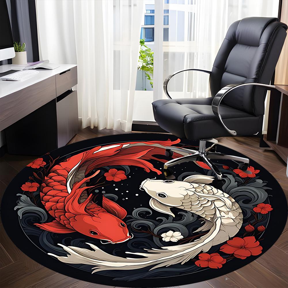 1 Stück Koi-Fisch Yin Yang Büro Runder Teppich, Indoor-Matte Geeignet für Büro, Unter Bürostühlen Schlafzimmer Wohnzimmer Heimdekoration, Raumdeko