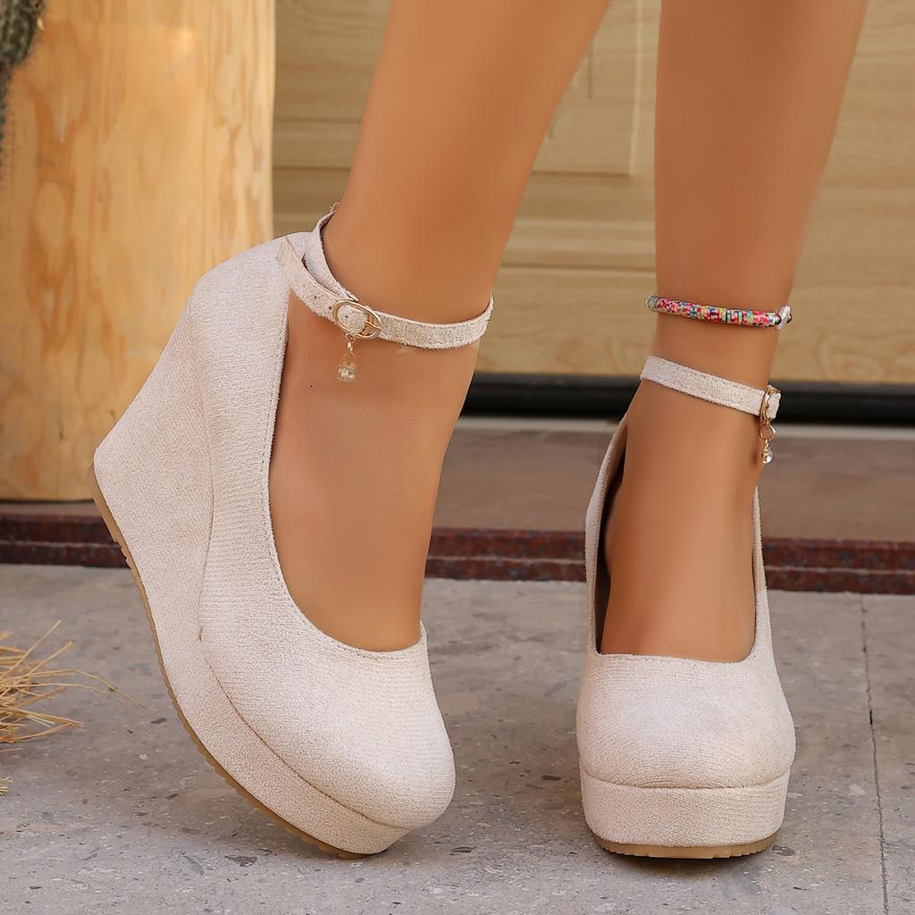 Women Wedge Pumps Sexy Buckle Round Toe Ankle Strap High Heels Shoes Platform Party Wedding Shoes Female Zapatos De Mujer