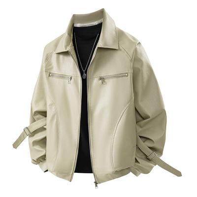 Men's Solid Color Zipper Cardigan Autumn and Winter Pu Leather Loose Casual Lapel Jacket Long-sleeved Top