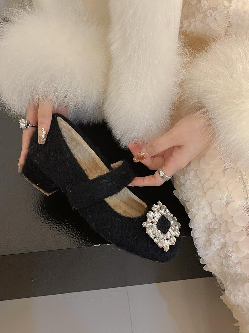 

Шерстяная обувь женская одежда осень-зима 2024 года новые нежные французские темпераментные феи толстые каблуки бархатные туфли Мэри Джейн 39 чёрный