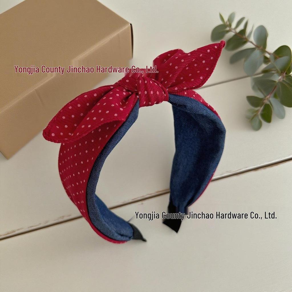 Korean Classic Red & White Polka Dot Bow Headband for Women - 2025 Fashion Hair Accessory