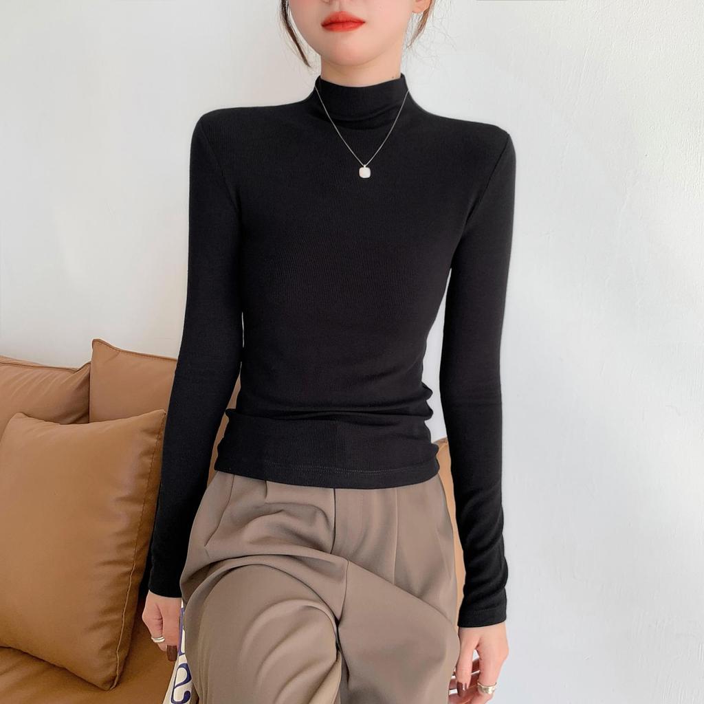 Women's Ribbed Half-High Collar Long-Sleeve Knitted Shirt for Autumn & Winter