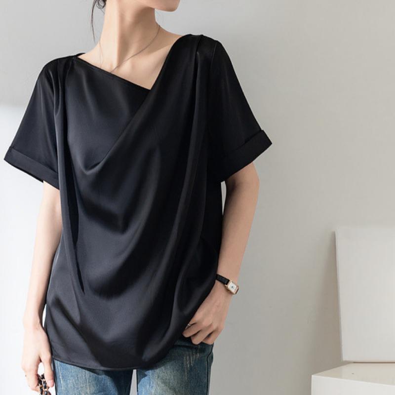 GMXIA Women's Short Sleeve Swing Neck T-Shirt Temperament Draped One Lapel Design Chiffon Blouse