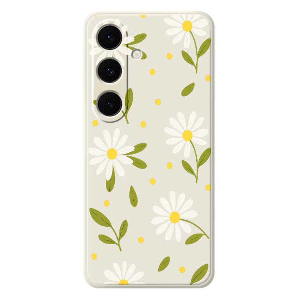 

For Samsung Galaxy S24 FE Case White Flowers Green Leaves Pattern Printing Straight Edge TPU Phone Back Cover Beige