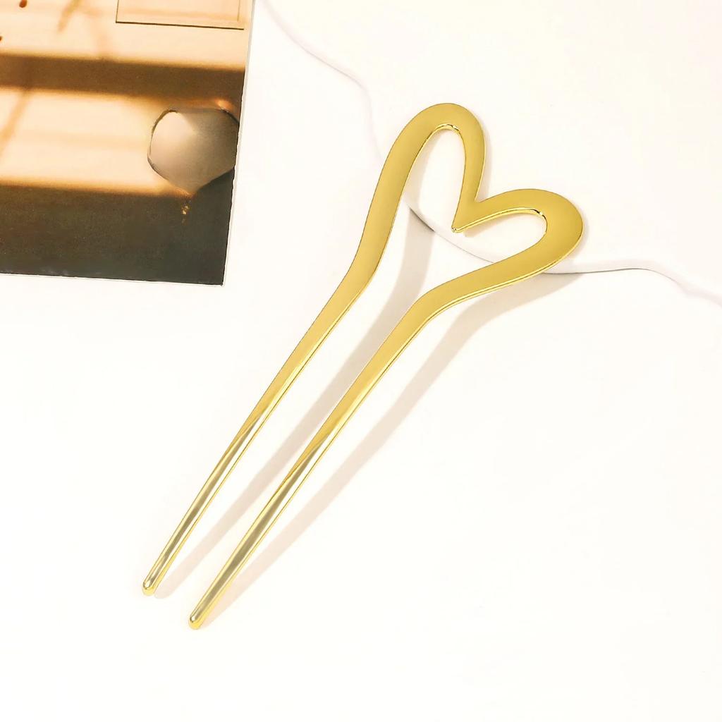 Korean Metal U Shape Love Heart Hair Pins for Women Girls Silver Gold Color Hairwear Simple Heart Shaped Hair Sticks Accessories