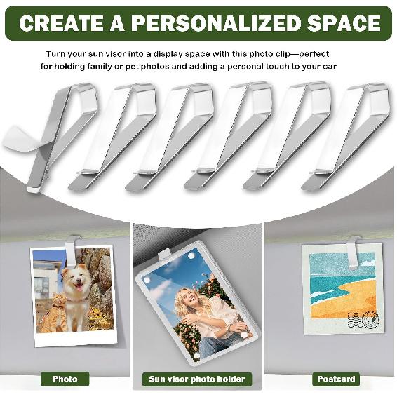 6PCS Visor Clips for Cars,Self-Adhesive Sun Visor Picture Clip for Personalizing Your Car Decor,Stainless Steel Visors Clip Photo Frame Car
