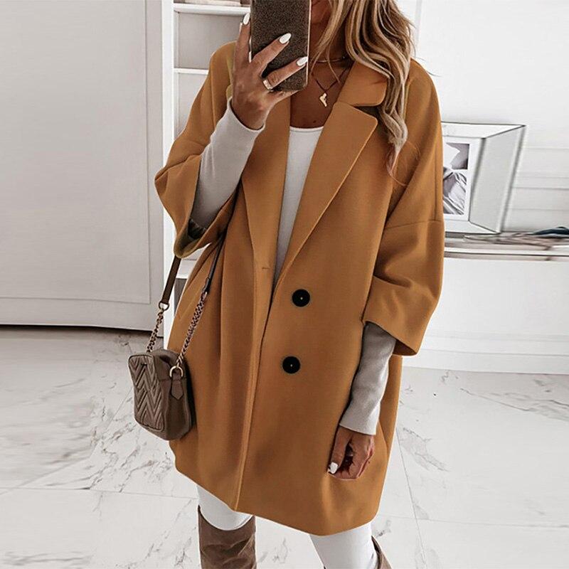 Lady Elegant Turn-down Collar Button Woolen Coat Fashion Women Autumn Loose Tops Outerwear Winter Long Sleeve Pocket Jacket