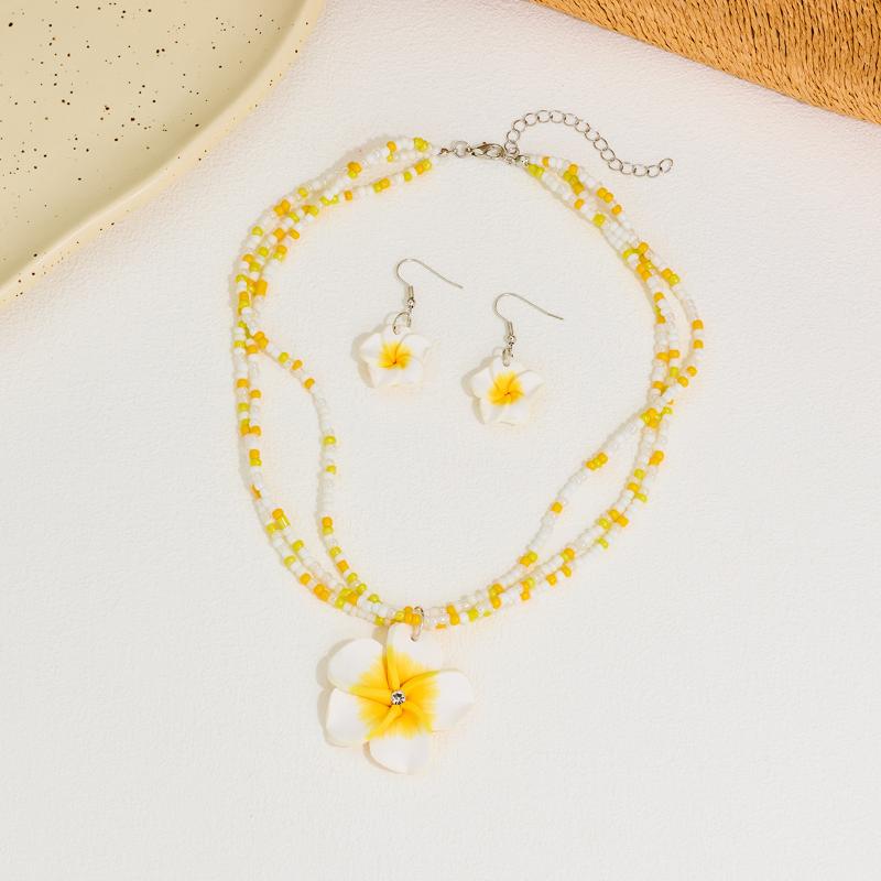 Polymer Clay Flowerwomen Jewelry Set Cute  Seaside Beach Colorful Flower Earrings Girls Sweet Beaded Chain Necklace Girl