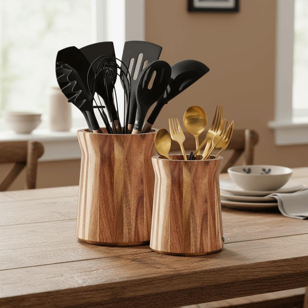 Wooden 360-Degree Rotating Utensil Holder Trapezoidal Smooth Surface Cutlery Storage Box Farmhouse Style Dinnerware Rack
