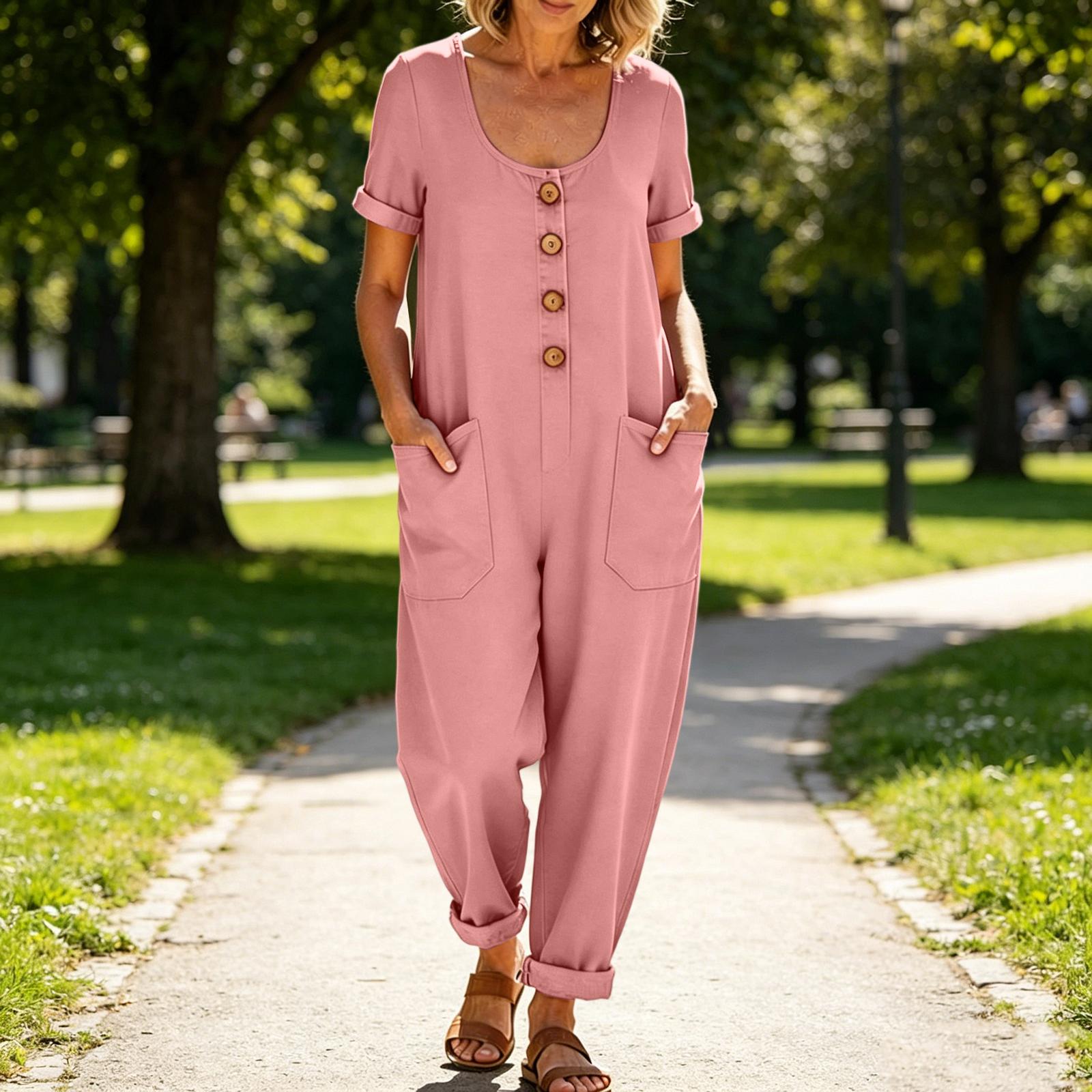 

Women s Color Casual Short Sleeved Loose Pocket Overalls Long Jumpsuit XL рожевий