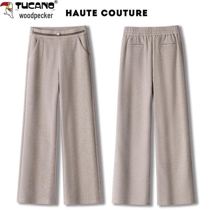 Woodpecker Women's High-End Woolen Wide-Leg Pants - Autumn/Winter Collection, High-Waist, Soft Straight-Leg, Casual Long Pants
