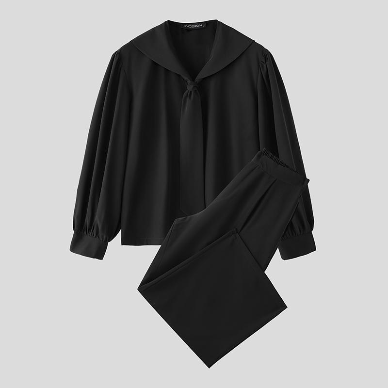 

INCERUN Oversized Men Outfits Naval Collar Long Sleeve Shirts Long Pants Casual Two Pieces S чёрный