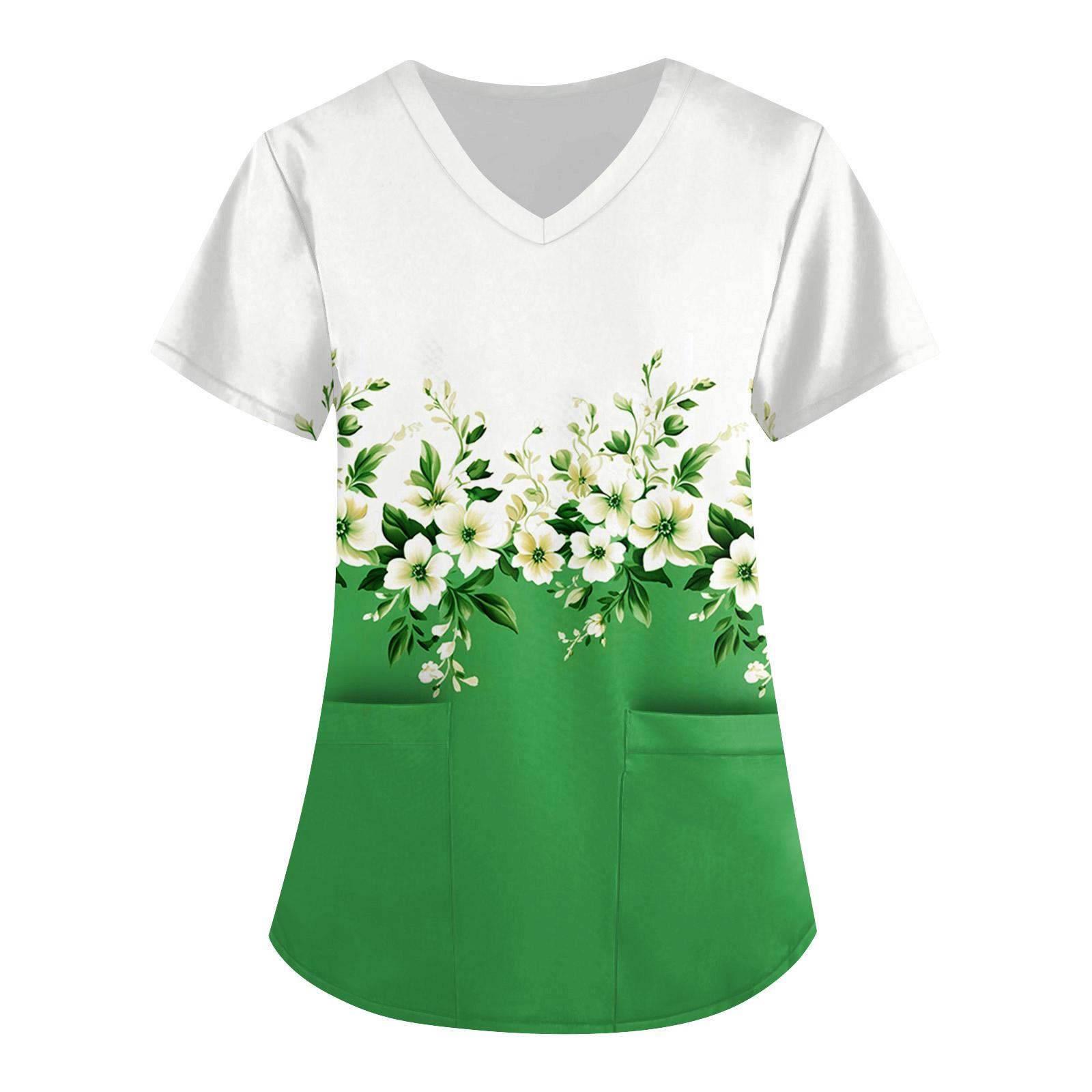 

Женская симпатичная принтованная рабочая одежда с V-образным вырезом, двухслойными карманами, базовым коротким рукавом, пуловером ко Дню святого Валентина L зелёный