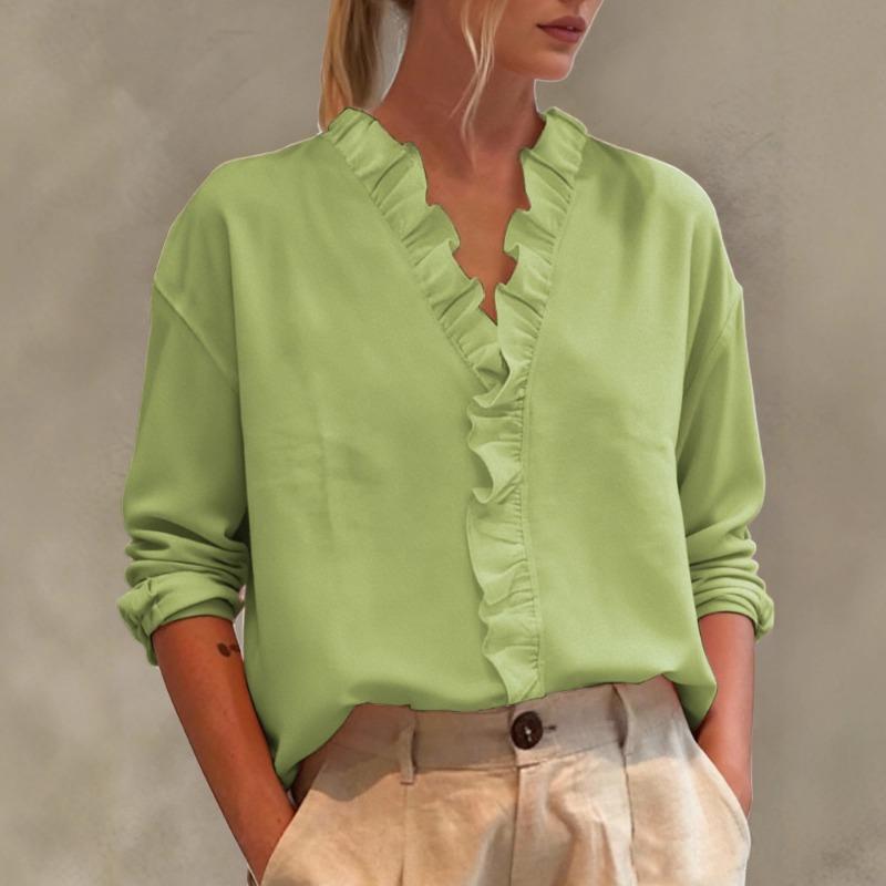 Neue Damen Freizeitbluse mit Spitze, Rüschen und V-Ausschnitt, langärmlig