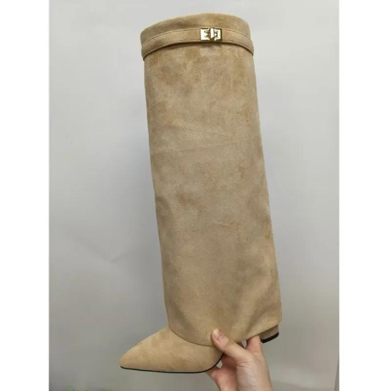 Elegant High Heel Mid-Calf Boots with Metal Buckles for Formal Banquets, Stylish Riding Boots for Women, Chunky Heel Dress Boots