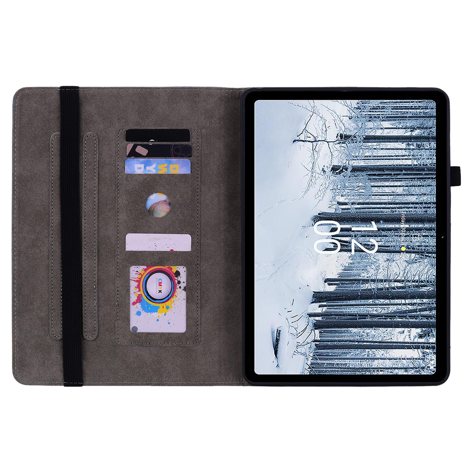 

Stand Leather Tablet Cover for Nokia T21,Card Slots Imprinted Tablet Case with Elastic Band Design Pink