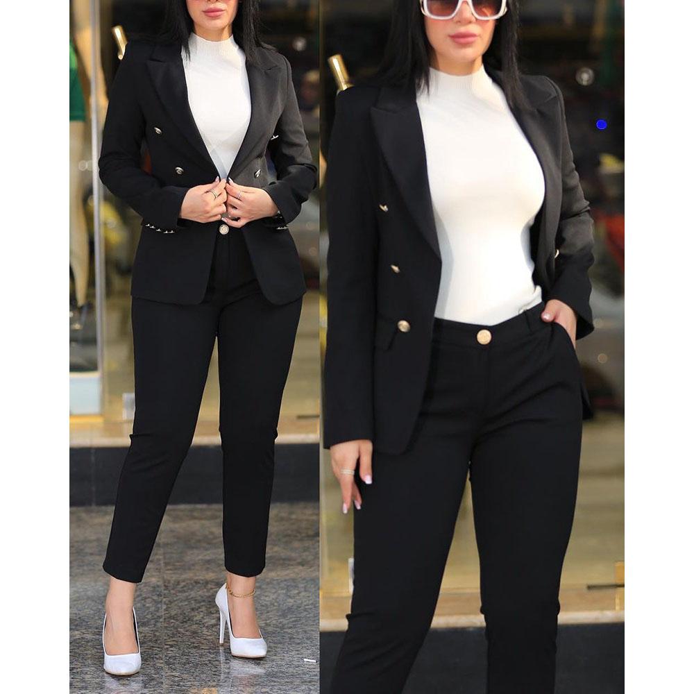 Elegant Office Lady Two Piece Sets Autumn Winter Women Fashion Notched Neck Long Sleeve Blazer & High Waist Work Pants Suit