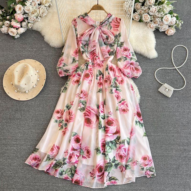 

Print Chiffon Dress Elegance Bows Shoelace Pink XL