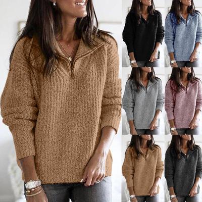 Women's Autumn And Winter Casual Loose Solid Color Stitching Long-sleeved Stand Collar Half Zipper Pullover Knit Sweater Top
