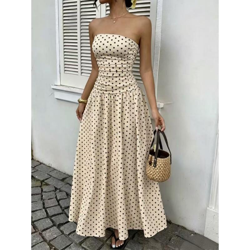 2026 Summer Off Shoulder Polka Dot Dress New Sexy Elegant Strapless Waist-cinching Slim Fit A-line Party Evening Dress Sweet Pleat Fashion Clothing
