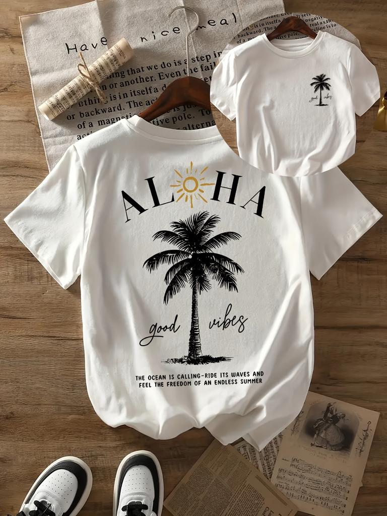 Casual Retro Shortsleeved Tshirt Palm Tree And Sun Pattern Round Neck Light For Summer Beach Outing Summer Casual Wear