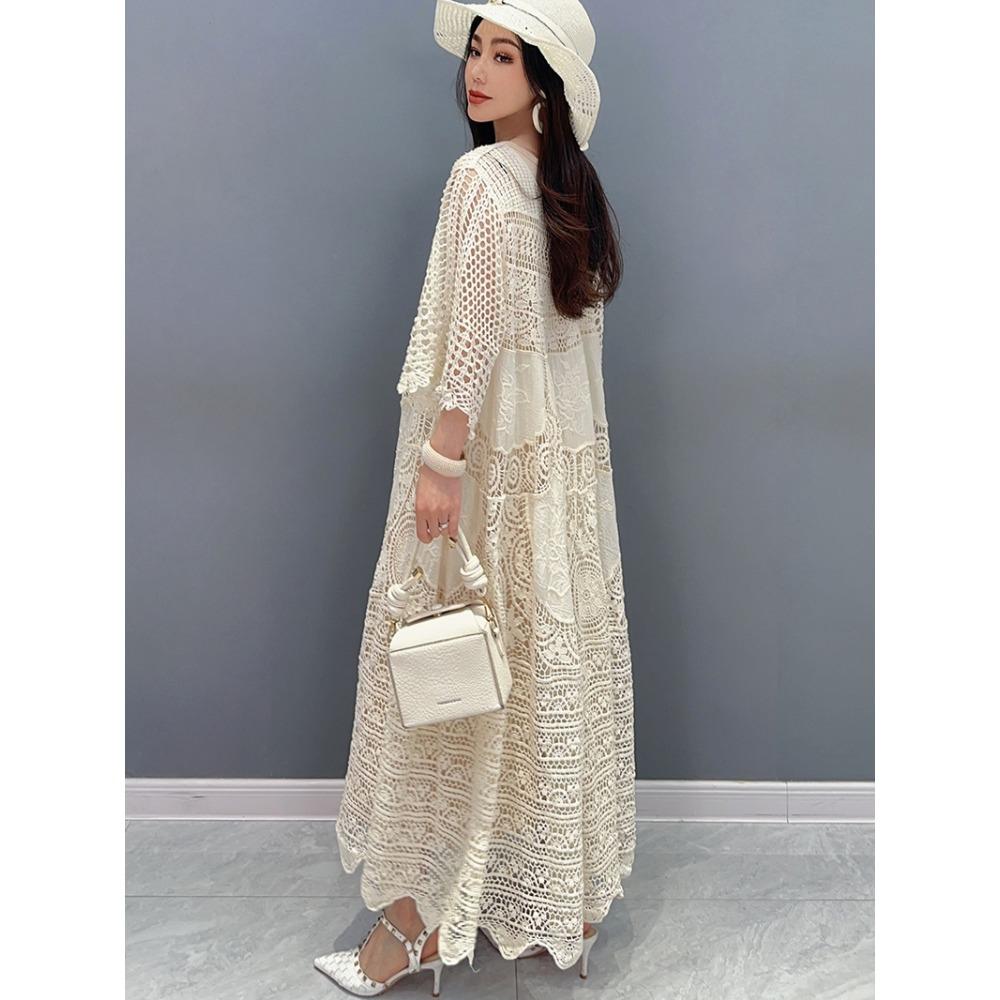 DIMANAF 2025 Vară Femei Rochie Lungă Tricotată Mânecă Rochii de Dantelă Fashion de Bază Casual Largi