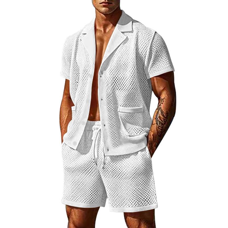Completo 2 Pezzi da Uomo Estivo Traspirante in Rete con Colletto a Rever T-Shirt e Set di Pantaloncini Design Fresco Sexy con Tessuto Forato Abbigliamento da Spiaggia