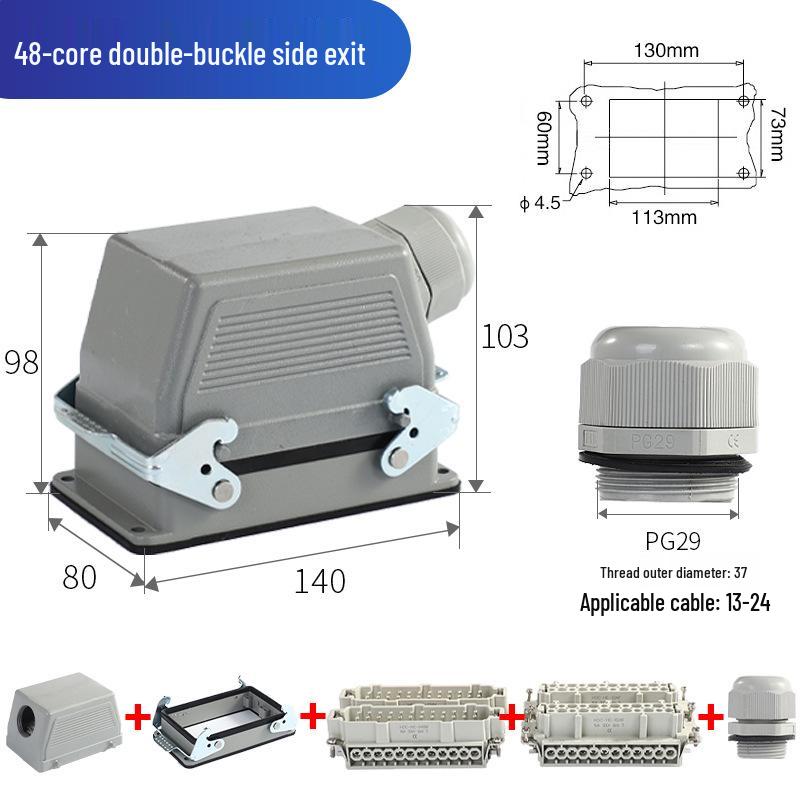 Heavy-Duty Rectangular Aviation Connector Plug & Socket: 6, 10, 16, 24, 32 Pin Options
