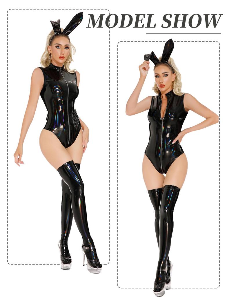 [Maeau] Catsuit Women's Costume, Glossy Leather Bodysuit, Full Body Tights, Leotard, Party, Halloween, Club, Cosplay, Adult, Black, XL
