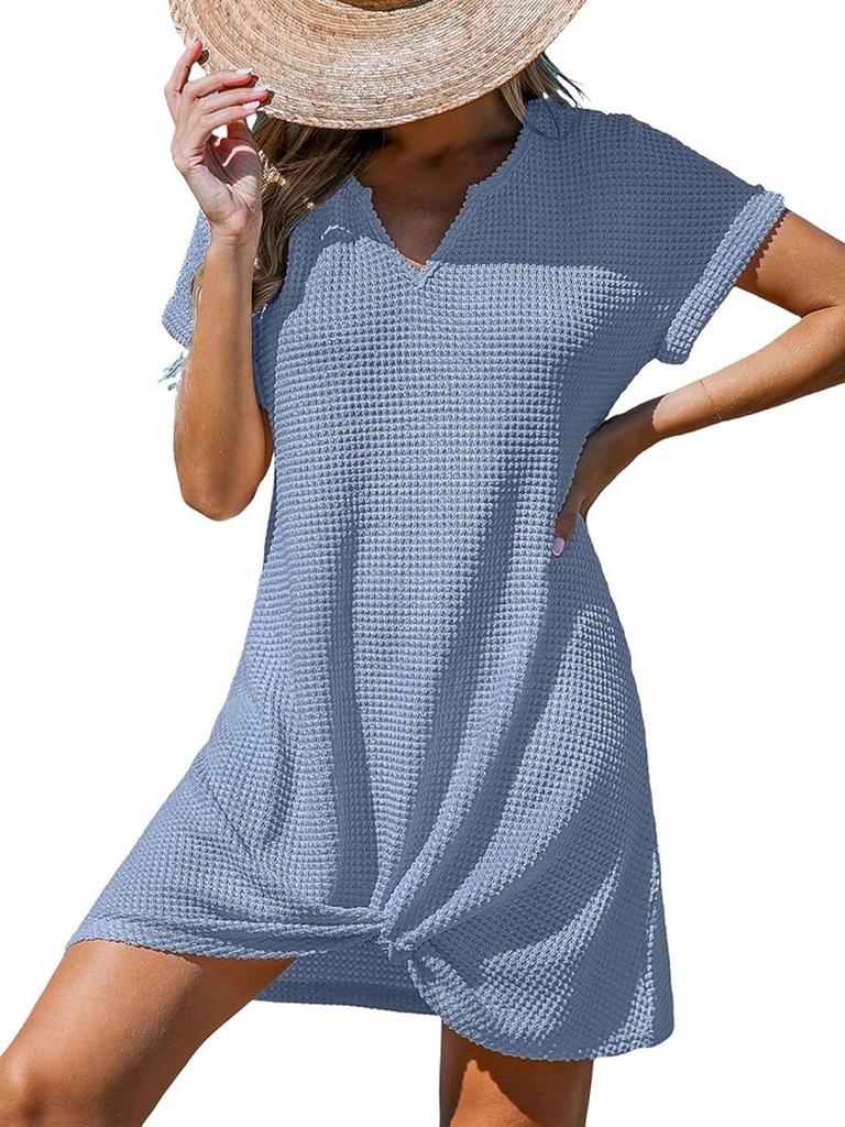 Women's Summer New Beach Dress V-Neck Knotted Cover-Up Ruffle Dress In Stock