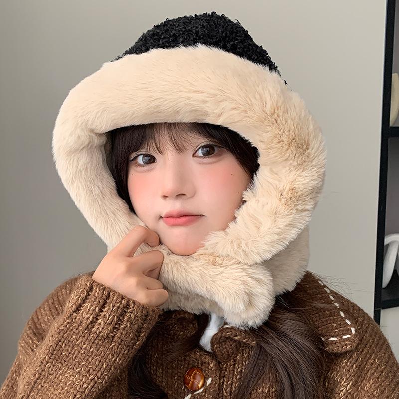 Cute Versatile Lei Feng Hat for Women's Windproof and Cold Riding Plush Versatile Balaclava Hat Ear Protection and Warm Hat